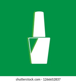 Nail polish sign. Vector. White flat icon with yellow striped shadow at green background.