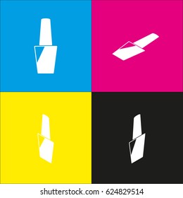 Nail polish sign. Vector. White icon with isometric projections on cyan, magenta, yellow and black backgrounds.