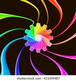 Nail polish splashes isolated on black background. Nail art. Rainbow colors. Beauty salon. Glamour fashion concept. 3D illustration. Vector. Nail polish bottle. Glamour fashion concept. 