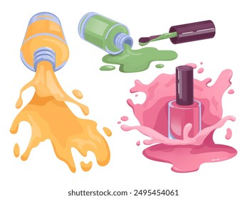 Nail polish splashes. Manicure paint splash colourful liquid drop, glamour cosmetic product for female fingernails care trendy beauty salon advertising, swanky vector illustration authors graphics