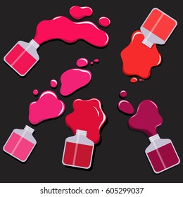  Nail polish splatter on black background, bright red and pink nail blots. Vector vogue illustration.