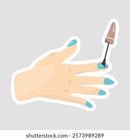 Nail Polish Sticker Illustration. Charming vector illustration of a hand applying nail polish, perfect for beauty and self-care themed designs