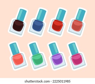 Juego de stickers de esmalte de uñas. Ilustraciones vectoriales de botellas con lacado o gel en diferentes colores. Recipientes de vidrio para dibujos animados con tapas de plástico azul aisladas en rosa. Manicura, concepto de salón de belleza