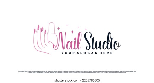Nail polish studio logo design for beauty salon with woman hand and bottle icon Premium Vector