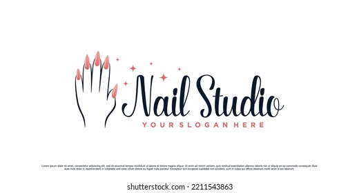 Nail polish studio logo design for beauty salon with woman hand and creative concept Premium Vector