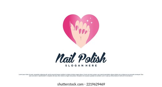 Nail polish studio logo design for manicure salon with love icon and creative element Premium Vector