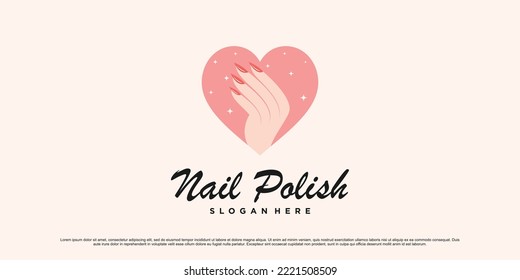 Nail polish studio logo design for manicure salon with love icon and creative element Premium Vector