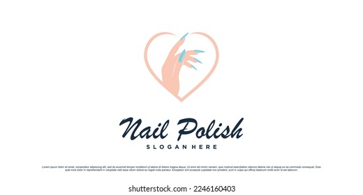 Nail polish studio logo design for manicure salon with love icon and creative element Premium Vector
