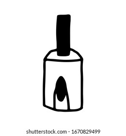 Nail Polish in the style of Doodle.Outline drawing by hand.Black and white image isolated on a white background. Beauty products.Bottle of nail Polish.Vector illustration