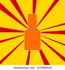 Nail polish symbol on a background of red flash explosion radial lines. The large orange symbol is located in the center of the sun, symbolizing the sunrise. Vector illustration on yellow background