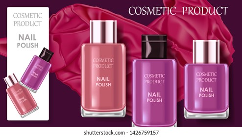 Nail polish, three glass tubes on red drapery background.