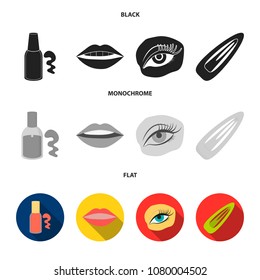 Nail polish, tinted eyelashes, lips with lipstick, hair clip.Makeup set collection icons in black, flat, monochrome style vector symbol stock illustration web.