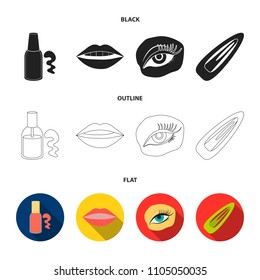 Nail polish, tinted eyelashes, lips with lipstick, hair clip.Makeup set collection icons in black,flat,outline style vector symbol stock illustration web.