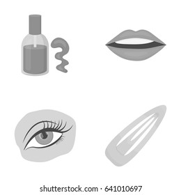 Nail polish, tinted eyelashes, lips with lipstick, hair clip.Makeup set collection icons in monochrome style vector symbol stock illustration web.