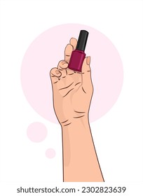 Nail polish. Nail varnish in hand. Accessory, tool for working with hands. A nail enamel in the hands of a woman. Hand care products, manicure accessories. Manicure master. Isolated vector.