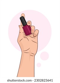 Nail polish. Nail varnish in hand. Accessory, tool for working with hands. A nail enamel in the hands of a woman. Hand care products, manicure accessories. Manicure master. Isolated vector.