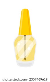 Nail polish vector illustration. Cartoon isolated glass glossy bottle with clear enamel, brush and yellow lid, nailpolish packaging with lacquer to paint fingernails and toenails, manicure accessory