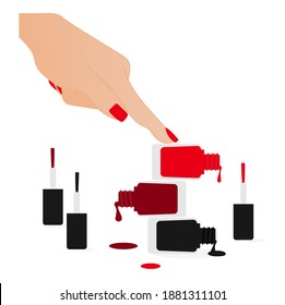 Nail polish vector illustration isolated. Nail lacquer vector with woman hand.	Red and black nail lacquer bottles.