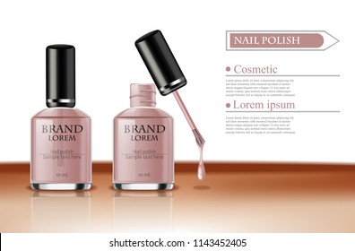 Embalaje realista de Vector esmalte de uñas. diseño de etiquetas maqueta de ilustraciones 3d. Color nude