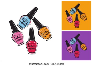 Nail polish vector sketch in fashion style on white, yellow and purple background.