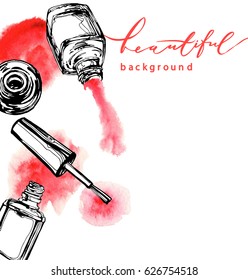 Nail polish vector sketch in fashion style on white background. Cosmetics and fashion background Template Vector.