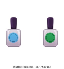 Frascos para injetáveis de polimento ungueal de cores azul e verde. Garrafas decorativas de cosméticos. Ilustração plana vetorial isolada em branco. Acessório de moda salão de beleza. Verniz de esmalte colorido