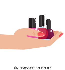 Nail polish in woman hand. Beauty and hygiene. Flat vector cartoon illustration. Objects isolated on white background.