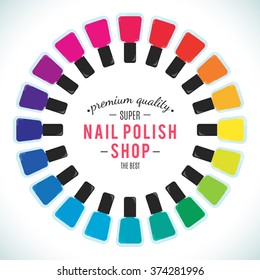 Nail polish women accessories set in a palette. Bright stylish modern colors. Glamour cosmetics. Manicure and pedicure products. Cool bottles in rainbow colors. Vector design illustration. 