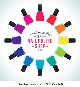 Nail polish women accessories set in a palette. Bright stylish modern colors. Glamour cosmetics. Manicure and pedicure products. Cool bottles in rainbow colors. Vector design illustration. 