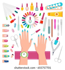Nail polishes, instruments for manicure, pattern samples and womans hands in green watches isolated vector illustrations set on white background.