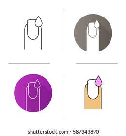 Nail polishing icon. Flat design, linear and color styles. Manicure. Woman's nail with polish drop. Isolated vector illustrations