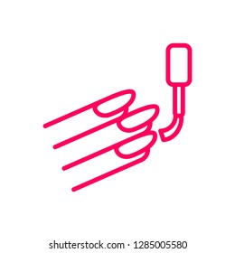 Nail Polishing Linear Icon. Finger With Manicure. Thin Line Illustration. Nail Varnish Brush Contour Symbol. Vector Isolated Outline Drawing