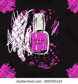 Nail product lettering, image of nail polish, mesh and multi-colored strokes on a dark background, vector pattern