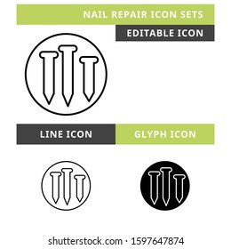 Nail Repair icons set vector design, modern editable line and  glyph icon, black colour and isolated for icon presentation, website and banner
