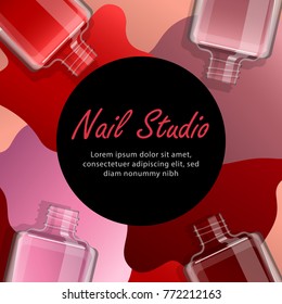 Nail salon advertising template. Colorful nail lacquer bottles and splatter background.