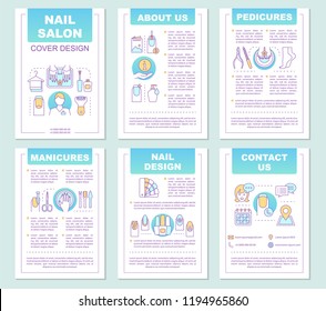Nail salon brochure template layout. Manicure, pedicure. Nail design, treatment, polish. Booklet, leaflet print design with linear illustrations. Vector page layouts for magazines, reports, posters