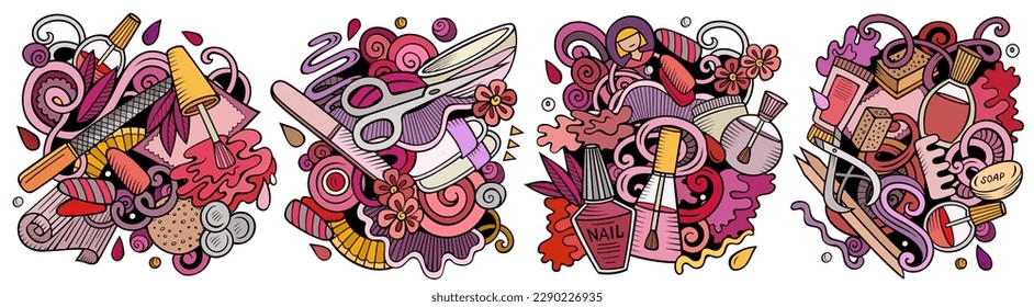Nail salon cartoon vector doodle designs set. Colorful detailed compositions with lot of Manicure objects and symbols. Isolated on white illustrations