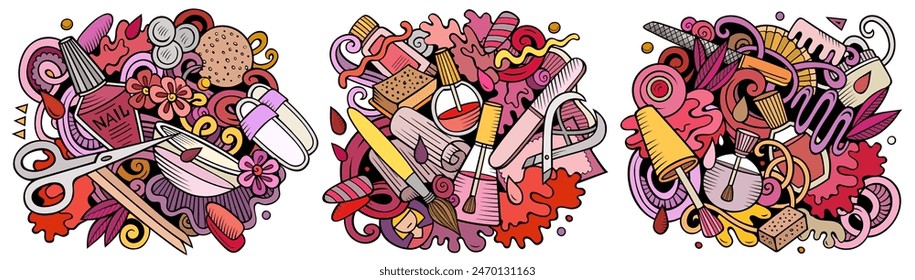 Conjunto de diseños de garabatos de Vector de dibujos animados. Composiciones detalladas coloridas con muchos objetos y símbolos de manicura. Ilustraciones aisladas en blanco