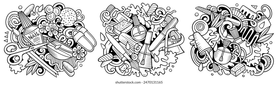 Nail salon cartoon vector doodle designs set. Sketchy detailed compositions with lot of Manicure objects and symbols. Isolated on white illustrations