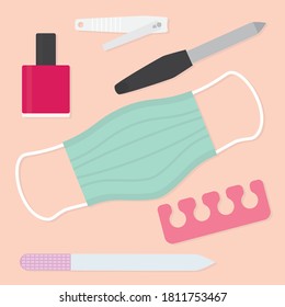 nail salon during coronavirus pandemic, protective measures, face mask - vector illustration