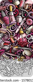 Nail salon hand drawn doodle banner. Cartoon detailed illustrations. Manicure identity with objects and symbols. Color vector design elements background