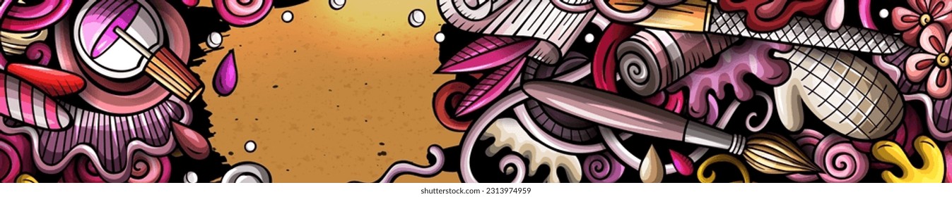 Nail salon hand drawn doodle banner. Cartoon detailed illustrations. Manicure identity with objects and symbols. Color vector design elements background