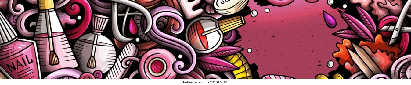 Nail salon hand drawn doodle banner. Cartoon detailed illustrations. Manicure identity with objects and symbols. Color vector design elements background