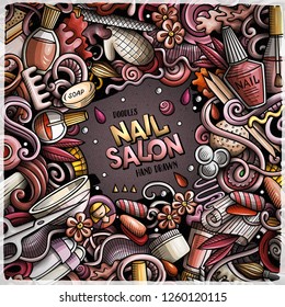 Nail salon hand drawn vector doodles illustration. Manicure frame card design. Beauty elements and objects cartoon background. Bright colors funny border. All items are separated
