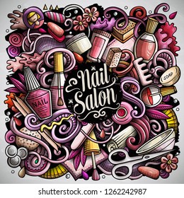 Nail Salon hand drawn vector doodles illustration. Manicure poster design. Beauty elements and objects cartoon background. Bright colors funny picture. All items are separated