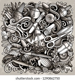 Nail Salon hand drawn vector doodles illustration. Manicure poster design. Beauty elements and objects cartoon background. Monochrome funny picture. All items are separated