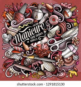 Nail Salon hand drawn vector doodles illustration. Manicure poster design. Beauty elements and objects cartoon background. Bright colors funny picture. All items are separated