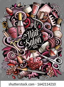 Nail Salon hand drawn vector doodles illustration. Manicure poster design. Beauty elements and objects cartoon background. Bright colors funny picture. All items are separated