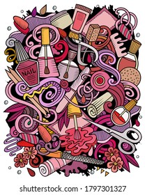 Nail Salon Hand Drawn Vector Doodles Illustration. Manicure Poster Design. Beauty Elements And Objects Cartoon Background. Bright Colors Funny Picture. All Items Are Separated