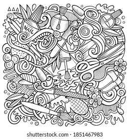 Nail Salon hand drawn vector doodles illustration. Manicure poster design. Beauty elements and objects cartoon background. Sketchy funny picture. All items are separated
